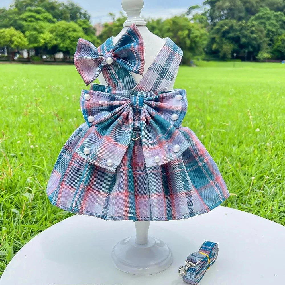 NONECN JK-Style Checkered Pet Dress With Bow Tie Harness