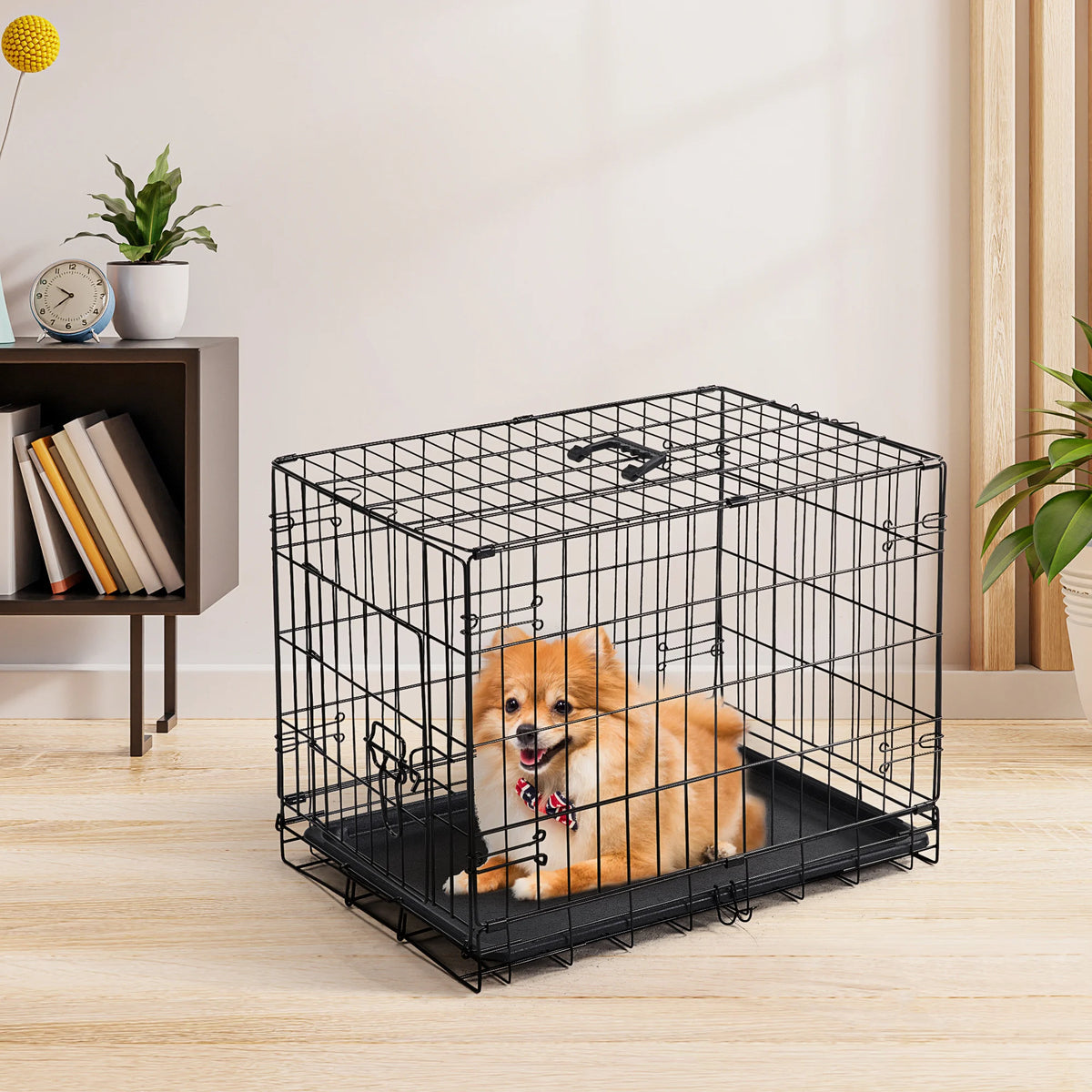 JHK 30 Inch Single Door Folding Wire Metal Dog Kennel with Pan Tray
