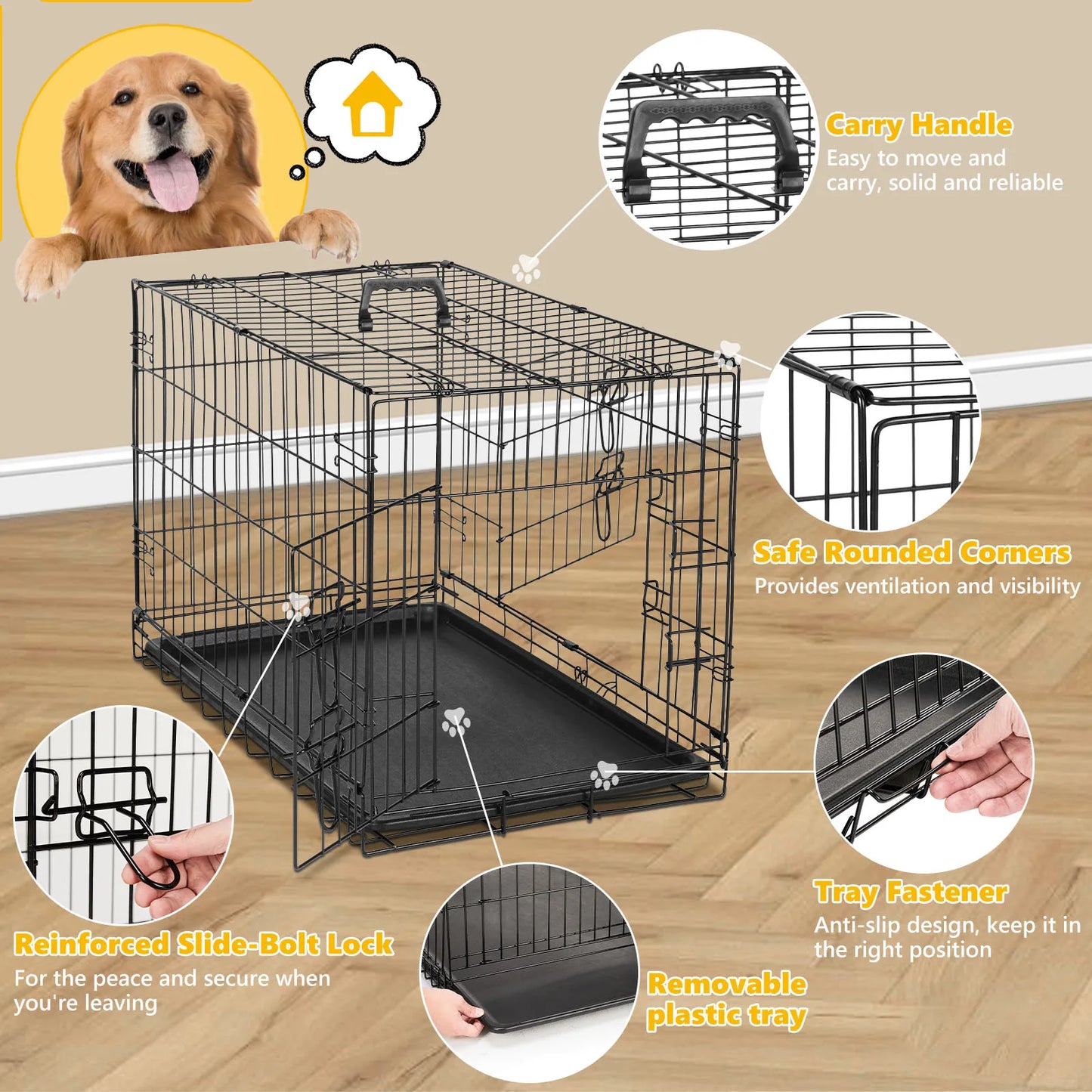 JHK Double Door Folding Metal Wire Dog Cage With Leak Tray