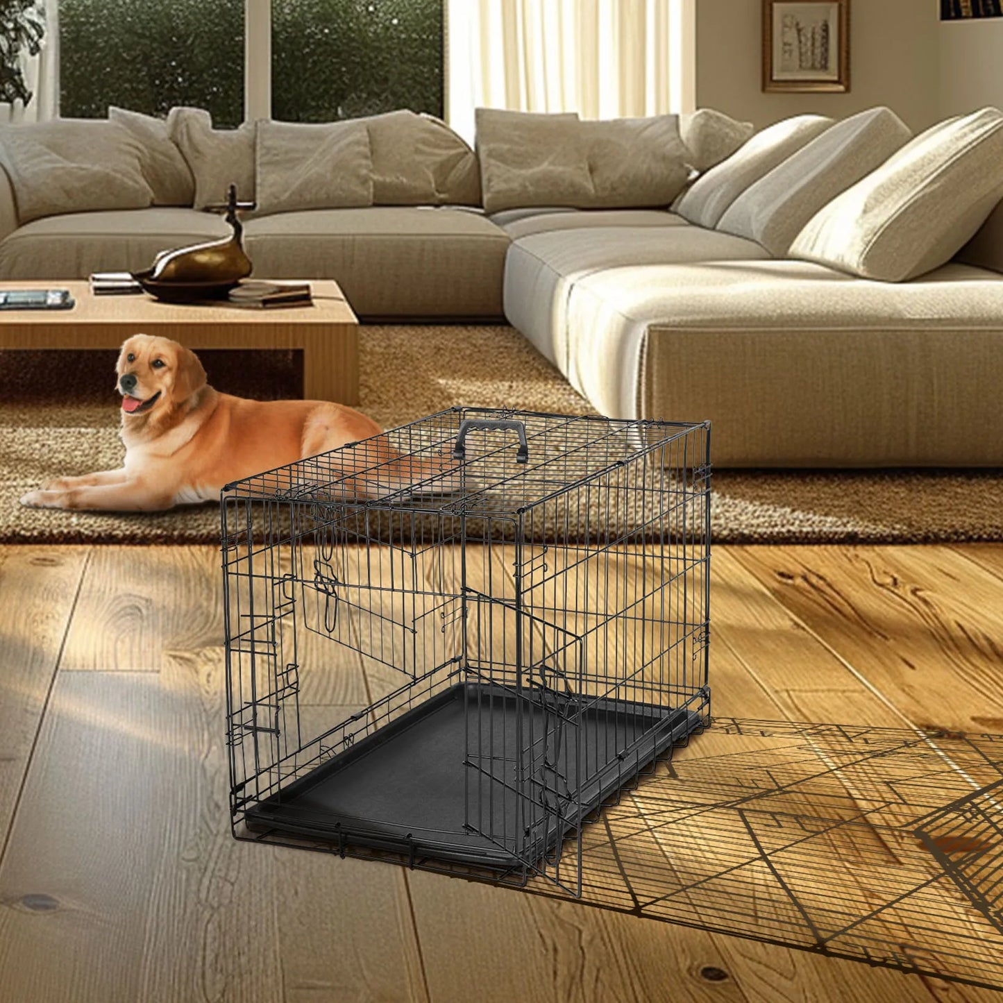 JHK Double Door Folding Metal Wire Dog Cage With Leak Tray